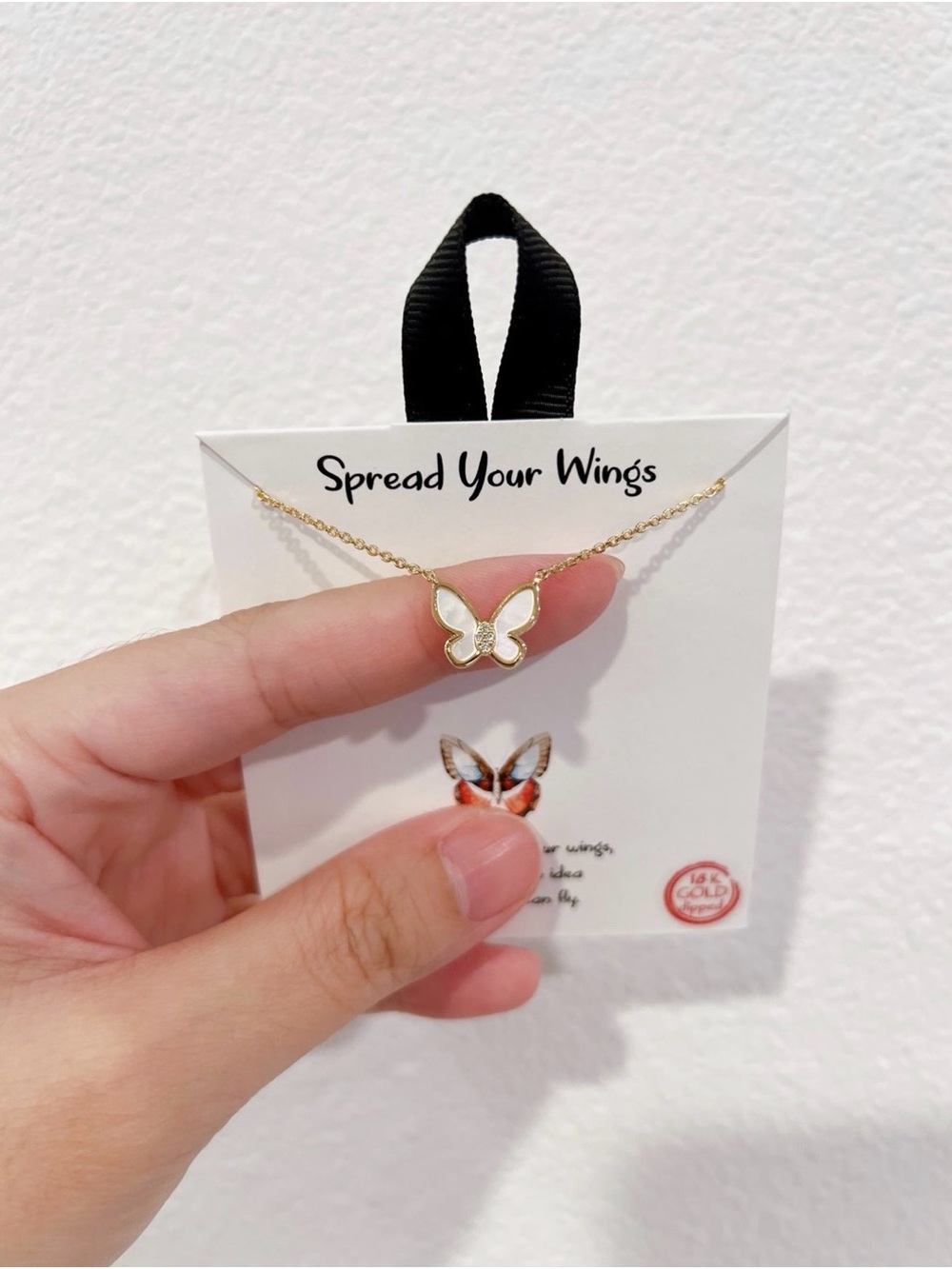 Gold Butterfly Pendant Necklace - White Enamel
